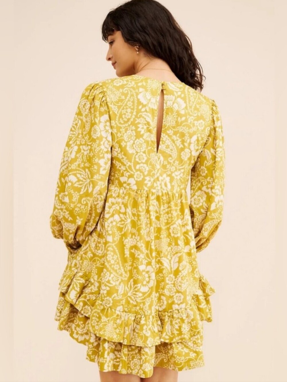 Anthropologie Maeve Yellow White Floral V-Neck Puff Sleeve Dress Size M